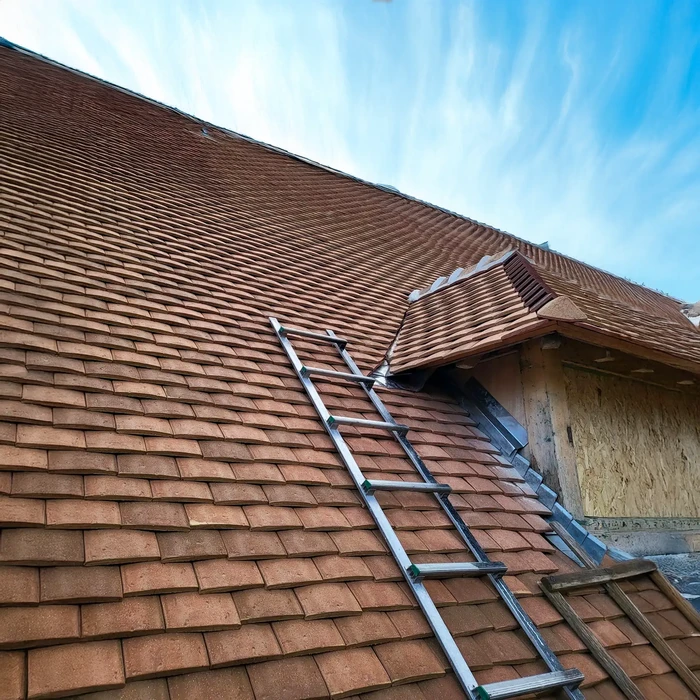 Chantier de couverture en extérieur avec échelle métallique posée sur toiture en tuiles terre cuite