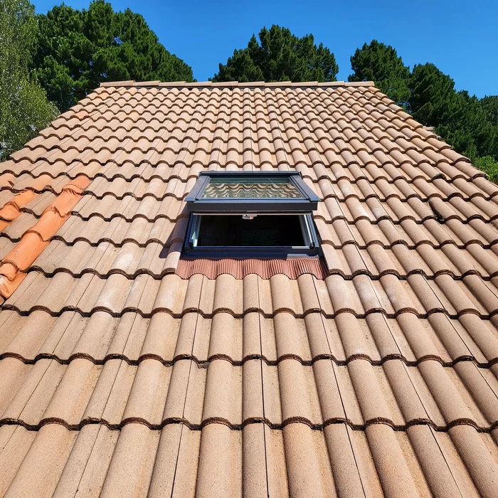 Vue aérienne d'une maison contemporaine à ossature bois avec bardage vertical rouge-orange