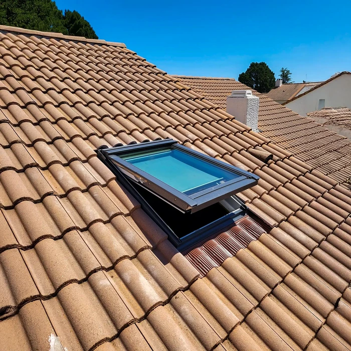 Fenêtre ouverte sur le toit de la lucarne sur plafond incliné dans la chambre mansardée, vue en basse angle