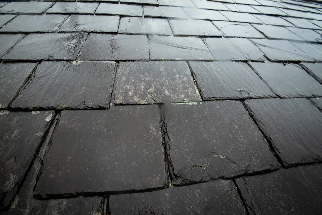 Toit en tuiles canal terre cuite avec fenêtre de toit ouverte endommagée